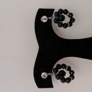 Vintage Screw On Black Beaded Hoop Earrings with Rhinestone and Gold Accents